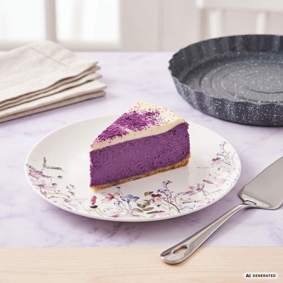 ube cheesecake na dezertním talíčku s květy z kolekce Louka
