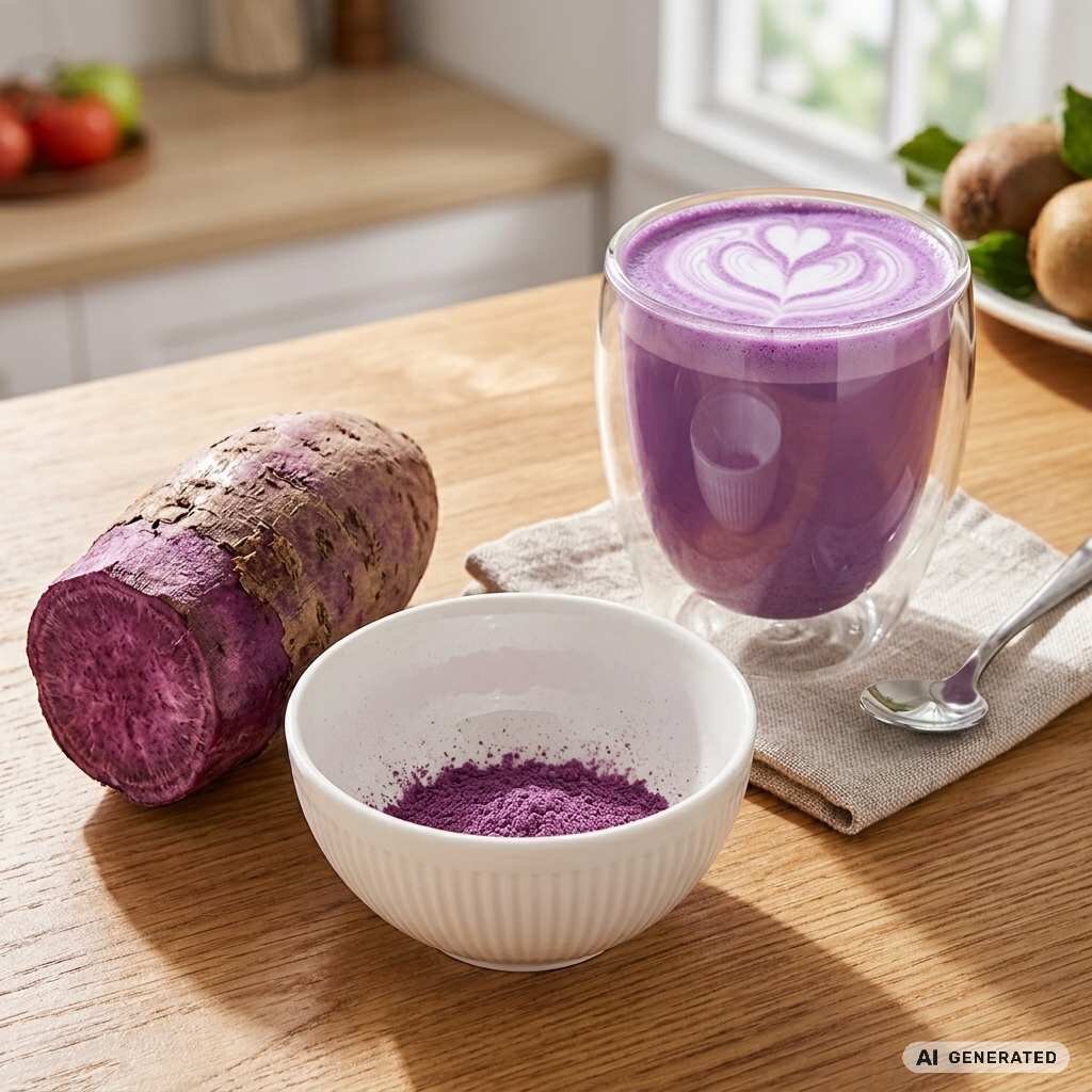 ube prášek, yam a ube latte